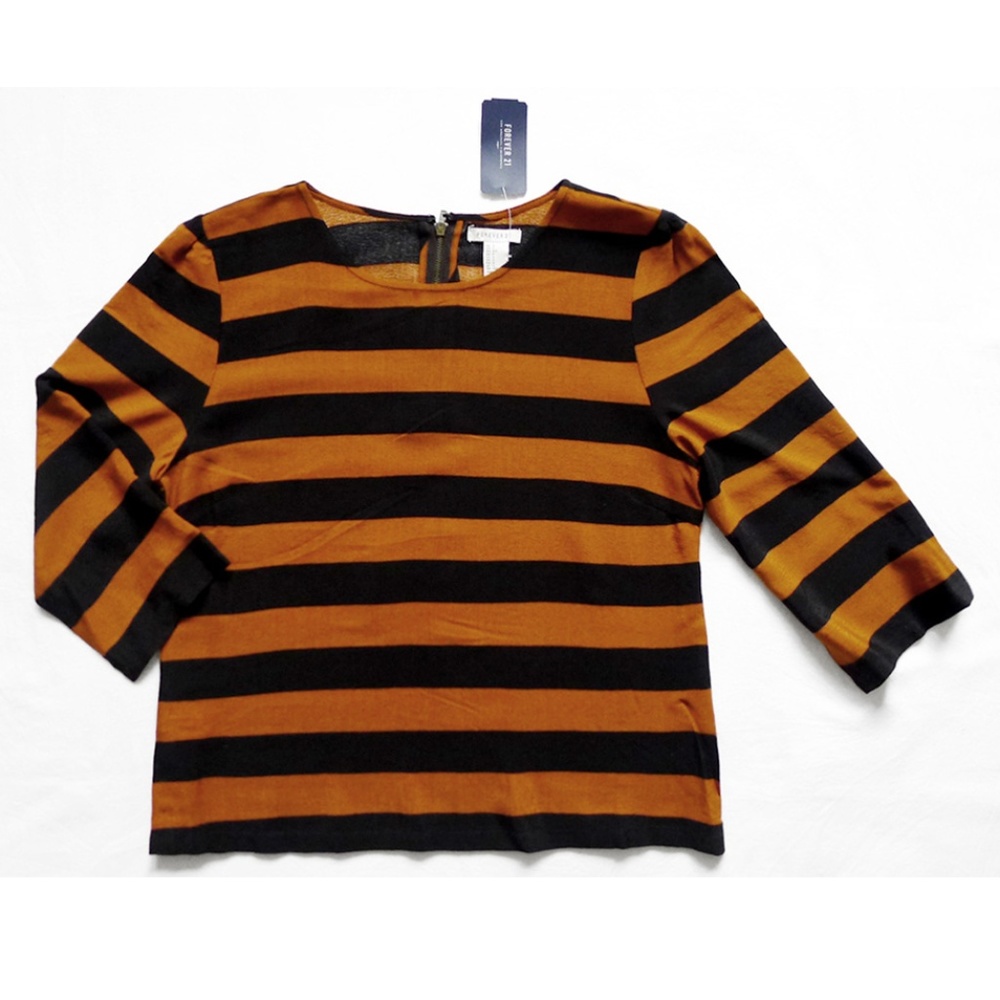 F21 Striped 3/4 Sleeve Back Zip Top/Shirt/Tunic S